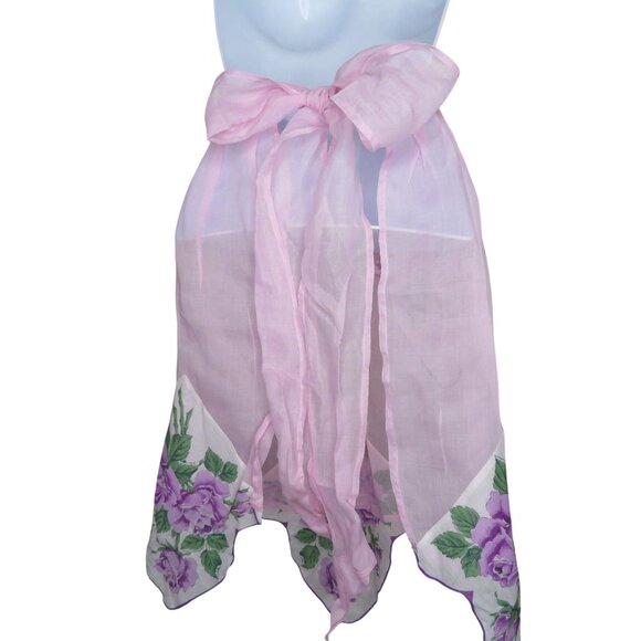 Vintage Handmade Sheer Pink Half Apron Floral Vintage Linen Hanky Trim & Pocket - Picture 10 of 11